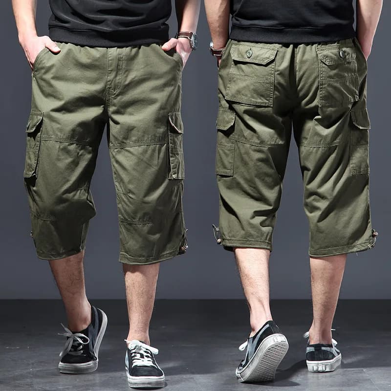 Men's Cotton 3/4 Pants Loose Plus Size Casual Breeches Summer Multi-Pocket Mid-Length Streetwear Pants