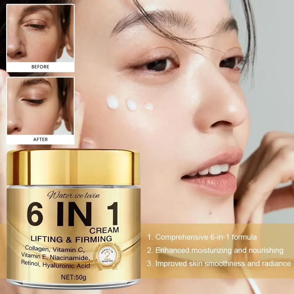 Crema Viso 6 IN 1 al Collagene, Effetto Lifting e Rassodante, Idratante con Vitamina C, E, Retinolo, Acido Ialuronico, per una Pelle Liscia e Morbida, 50g