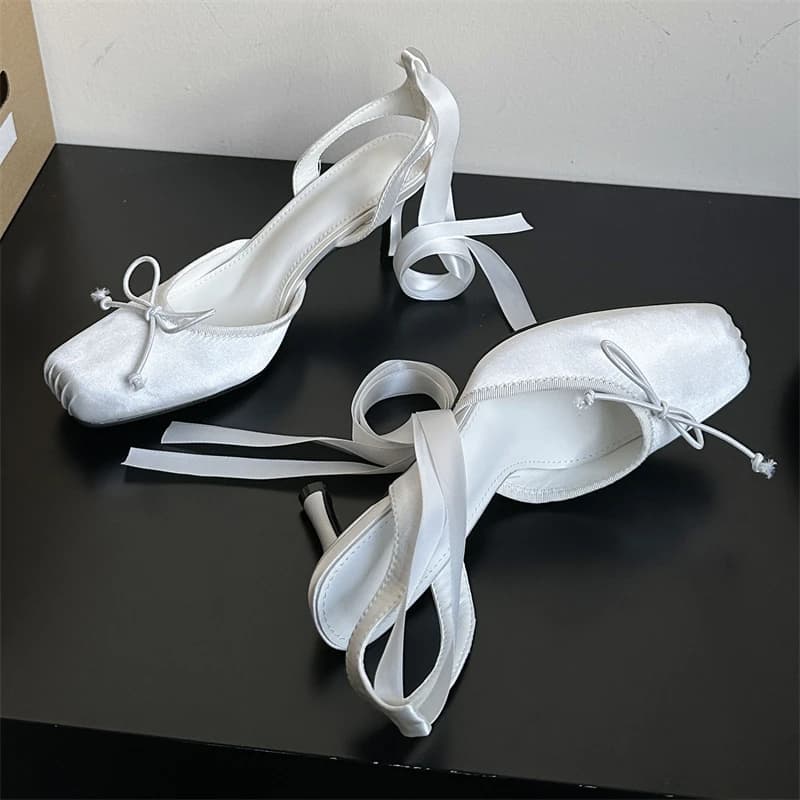 Eilyken Scarpe da Donna con Tacco Sottile Stile Street, Punta Quadrata a Farfalla, Sandali Eleganti con Lacci alla Caviglia, Scarpe Mule da Cerimonia