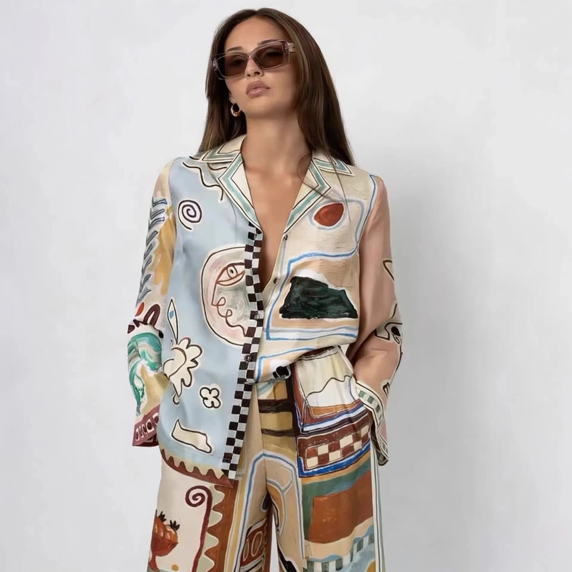 Completo Donna Stile Barocco Francese Vintage con Stampa Graffiti, Camicia a Maniche Lunghe e Pantaloni Larghi, Set Casual Due Pezzi