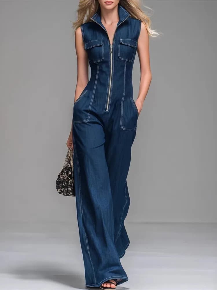 Tuta Senza Maniche in Imitazione Denim per Donna, Pantaloni Cargo a Vita Alta e Gamba Larga, con Cerniera Frontale, Tuta Casual da Lavoro Elasticizzata