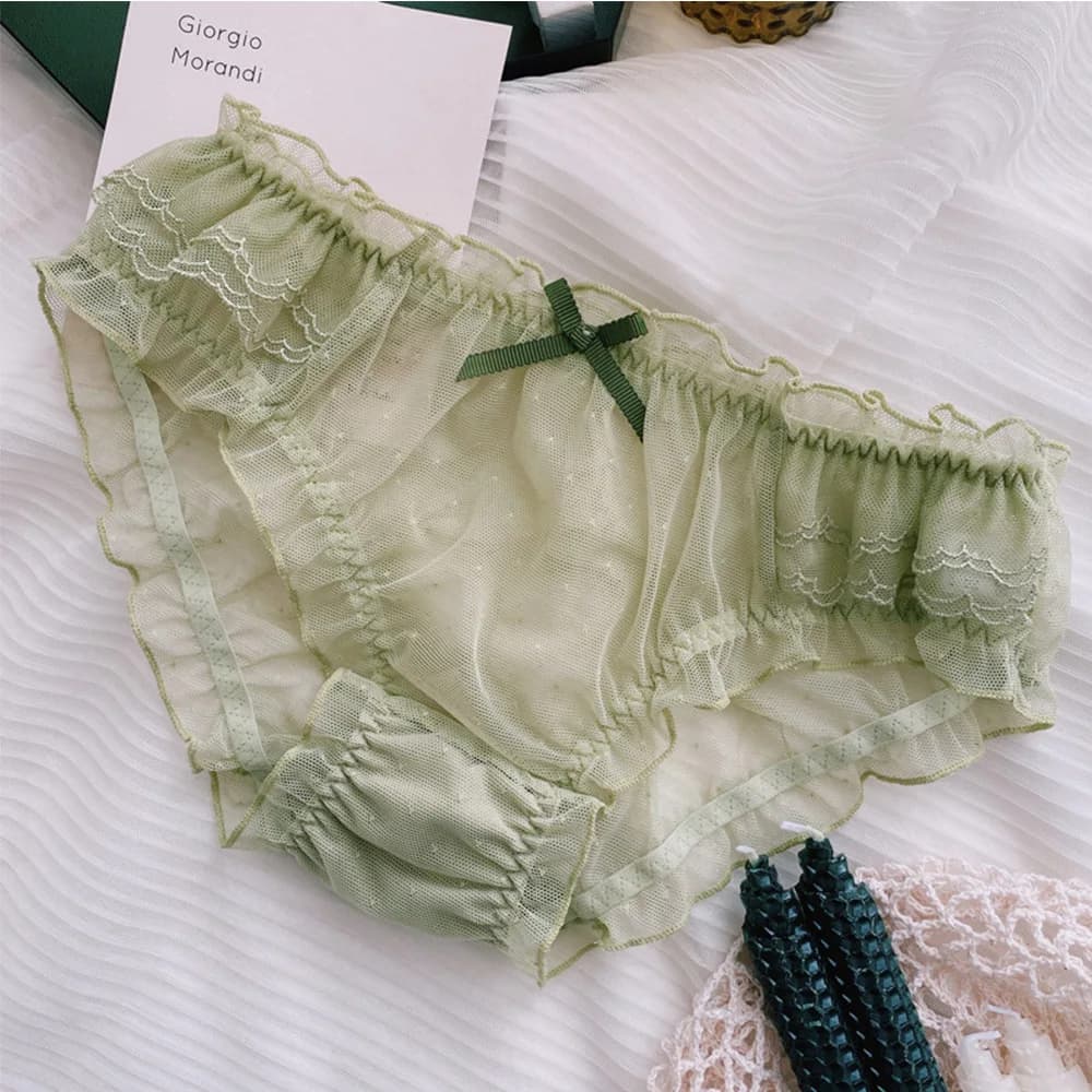 Mutande di pizzo con volant senza cuciture Slip di lingerie a vita media con fiocco Intimo di mutandine a rete