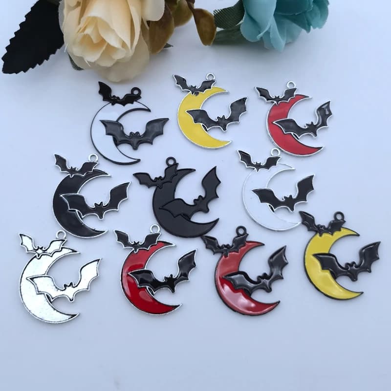5pcs 31x31mm Enamel Halloween Bat Moon Charm for Jewelry Making Fashion Earring Pendant Necklace Bracelet Accessories Diy Craft