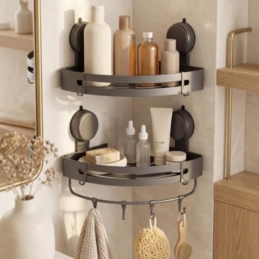 Portaoggetti da doccia con ventosa grigio, singolo, alto 1,77 pollici, organizer da bagno in alluminio senza foratura con portasciugamani e ganci, Moder wal