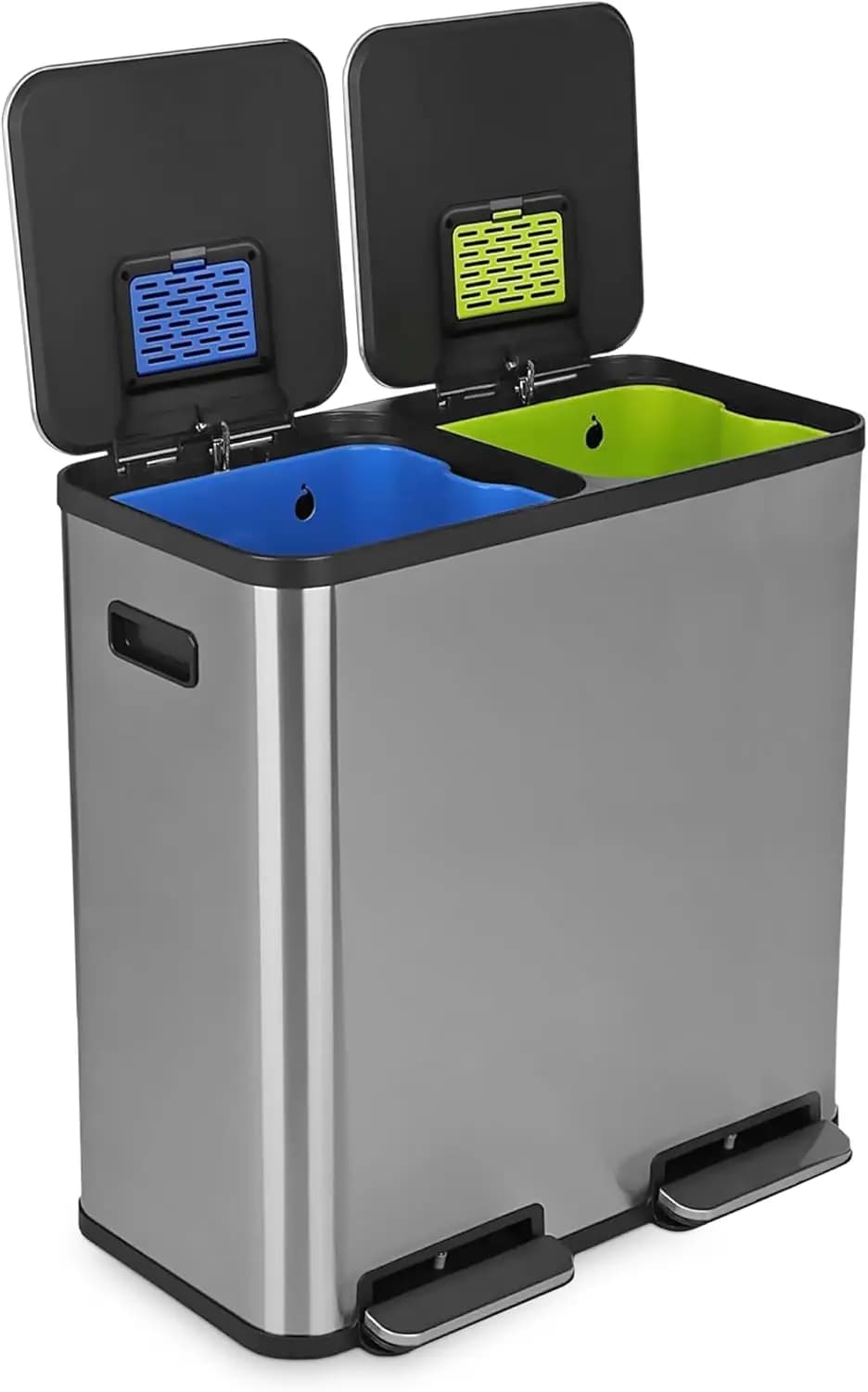80L Dual Compartment Kitchen Trash Can - Hands-Free Step Pedal, Soft-Close Lid, Stainless Steel Recycling Bin with Odor Filter