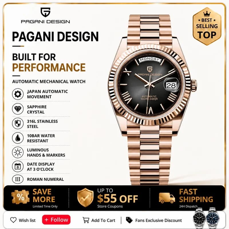 PAGANI DESIGN Men Watch Stainless Steel 100M Waterproof Quartz Wristwatch Top Brand Sapphire Glass 40mm Watches For Men Gift
