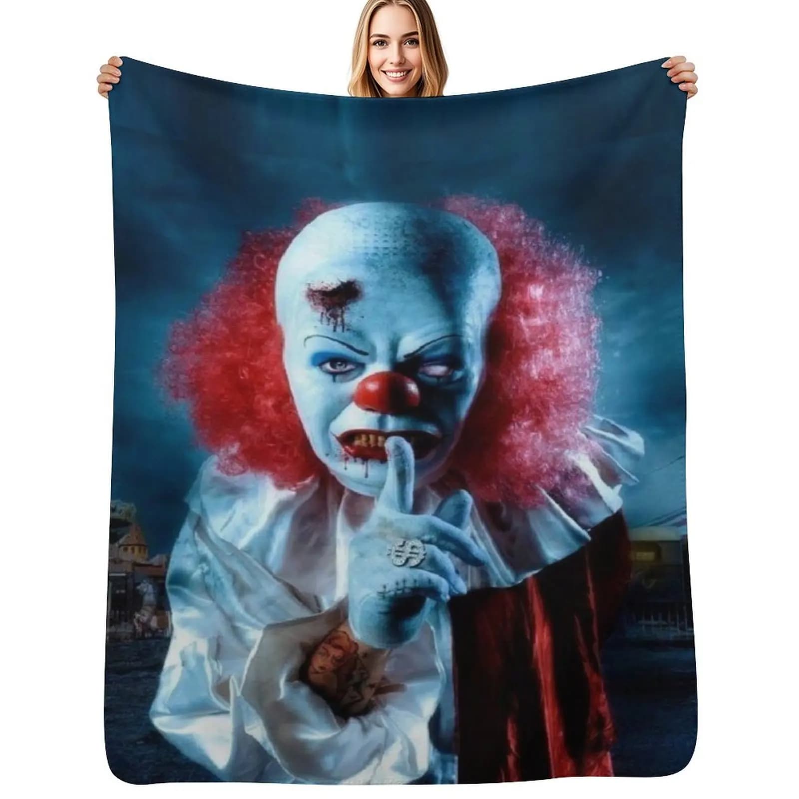 Coperta Morbida e Pelosa Anti-Pelucchi con Maschera Clown Horror Spaventosa per la Casa
