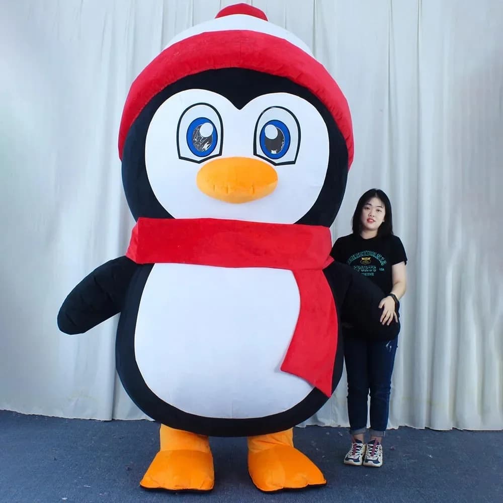 Costume da mascotte pinguino di Natale vestito di pelliccia gonfiabile mascotte di peluche vestito cosplay sciarpa costume da pinguino Adule donne senza batteria