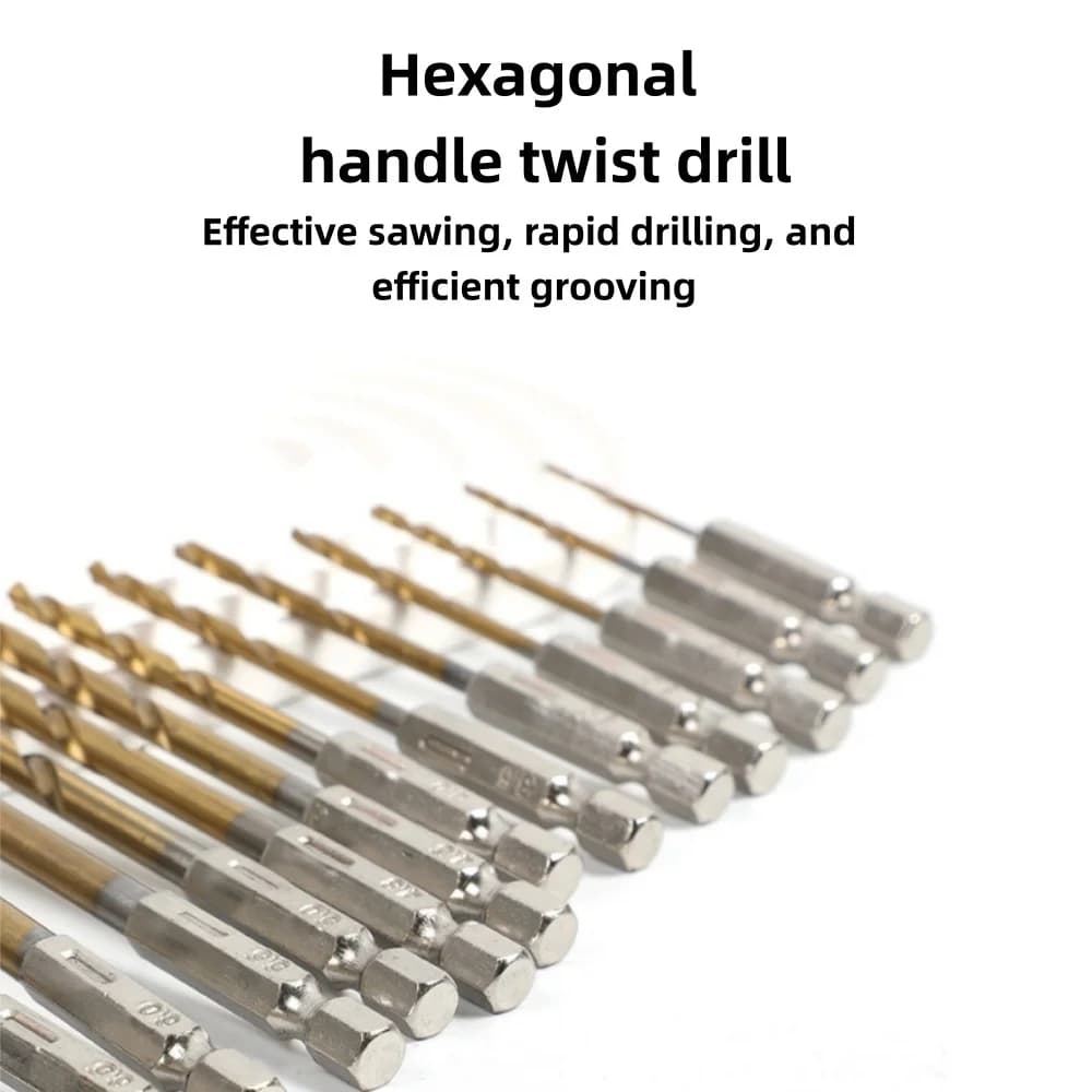 Helicoidal Tips Set with Hexagonal Handle, Titanium Plated, 1.5-6.5mm, for Electric Drill and Pneumatic Screwdriver