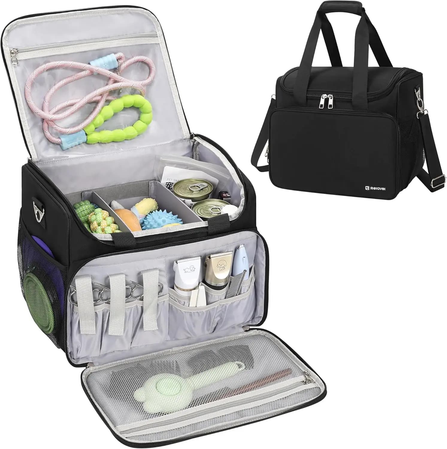 Borsa da viaggio extra large per toelettatura di animali domestici con scomparti per kit di attrezzi professionali per toelettatura di cani e gatti in nero