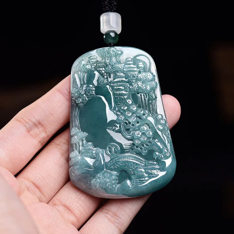Natural Burmese Jadeite Scenery Pendant Necklace Vintage Fashion Talismans Carved Amulet Real Jade Luxury Gifts for Women