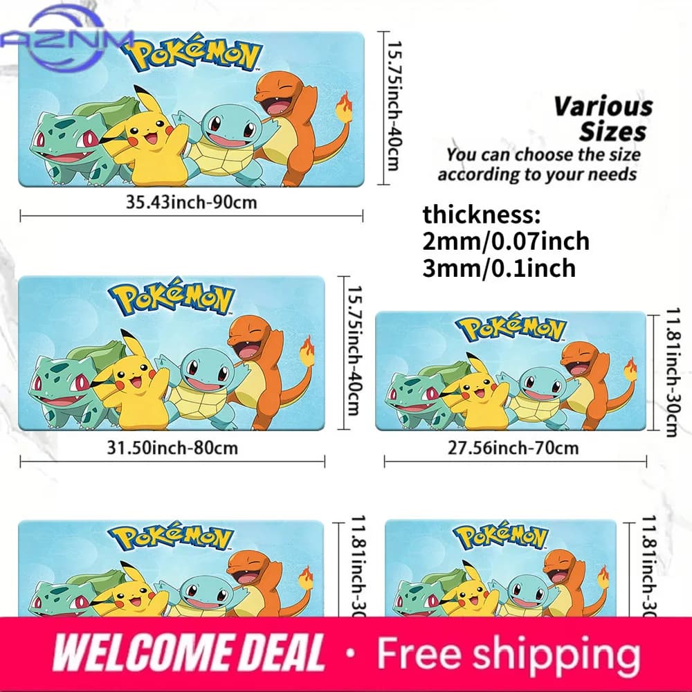 Tappetino per Mouse da Gaming a Tema Kanto Starters & Pikachu Azzurro con Base in Gomma Antiscivolo