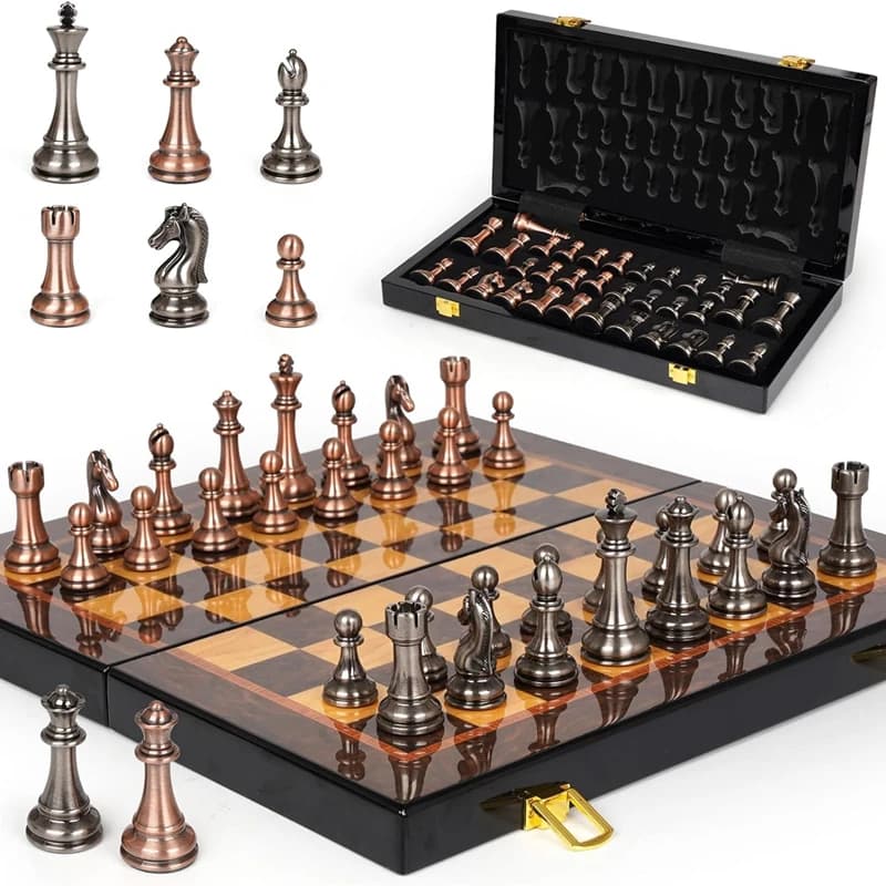 Chess set High-end metal 38cm/15inch folding chessboard lacquered metal zinc alloy chess pieces, including 2 additional queens
