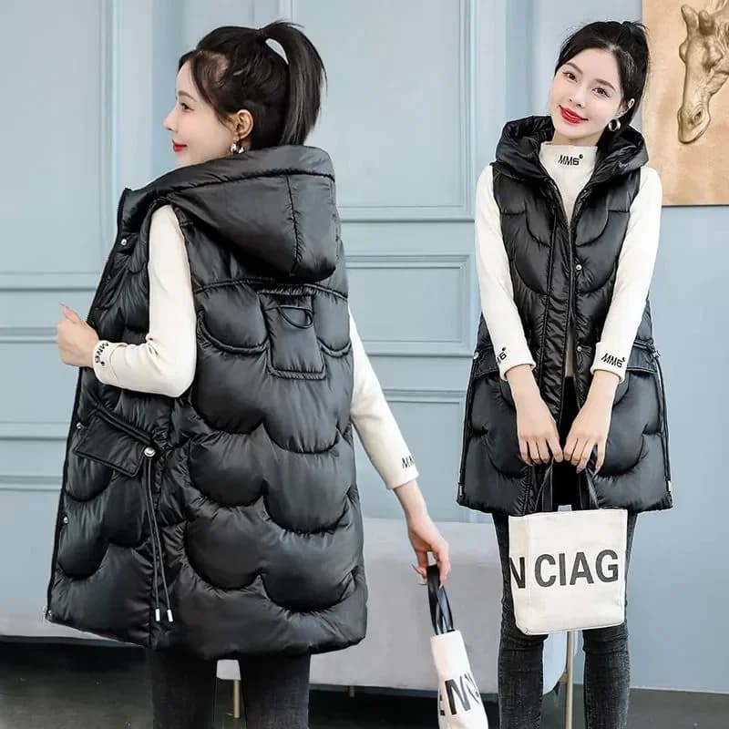Gilet con cappuccio spesso da donna, cappotto senza maniche, taglia grande, lungo, caldo, gilet in cotone, top invernali, nuovo, 2025
