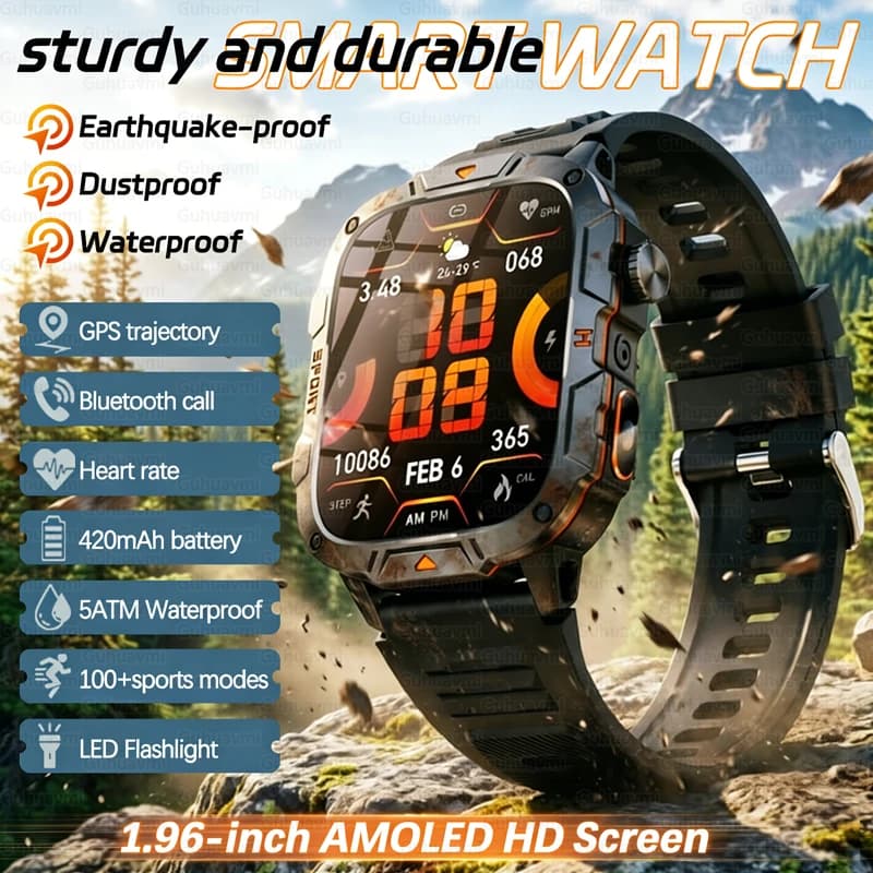 Nuovo Smartwatch Militare 2026 per Uomo, Display AMOLED da 1.96'', GPS, Impermeabile 5ATM, Chiamate BT, Monitoraggio Frequenza Cardiaca e Fitness