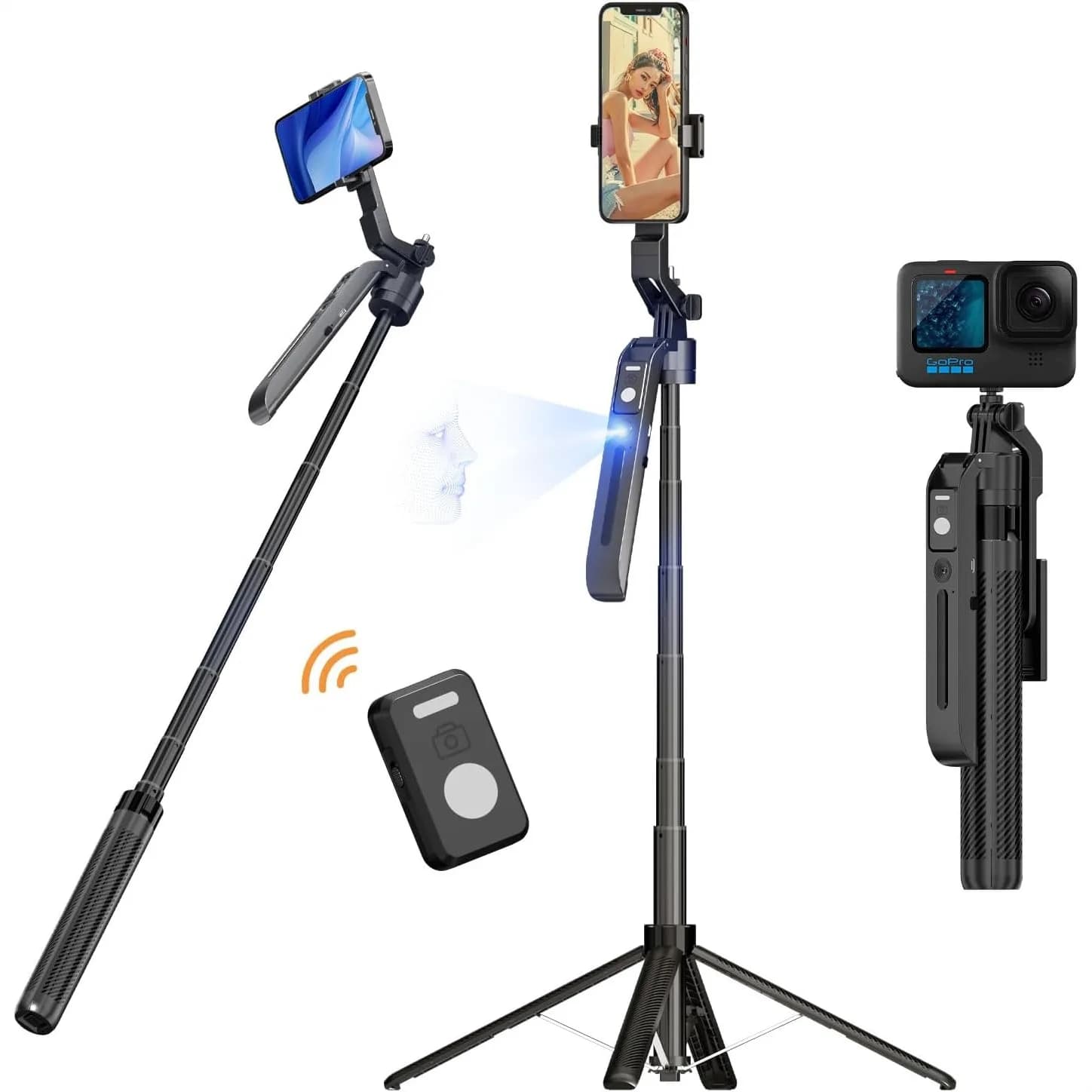 Treppiede con Tracciamento Automatico del Viso e Telecomando, Estensibile fino a 70 Pollici, Rotazione a 360° ° Selfie Stick per iPhone e Android, Supporto per Telefono per Registrazione Video