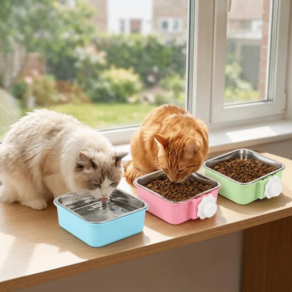Metal Hanging Pet Bowl Square Shape Adjustable Mount Metal Dog Bowl Food Grade Detachable Inner Bowl Square Cat Food Bowl
