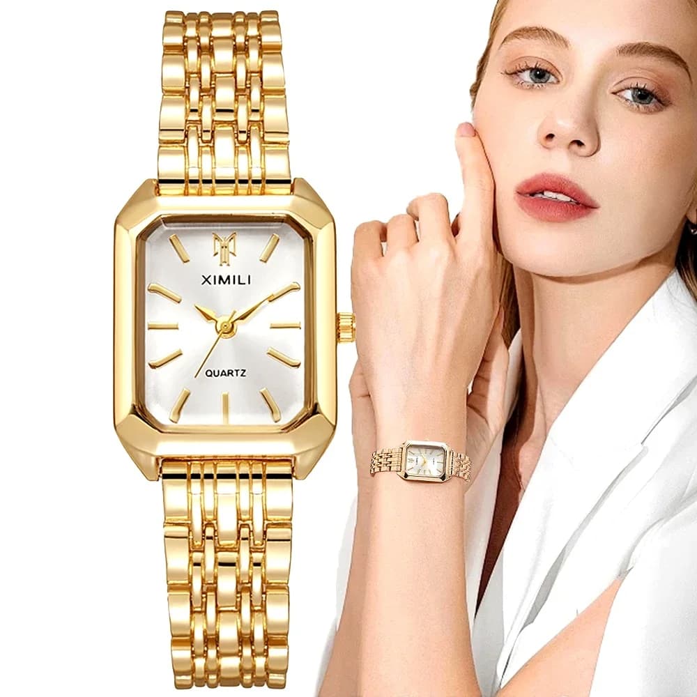 Luxury Ladies Fashion Quartz Watch Simple Scale Square Quality Gold Plated Women Watches Business Stainless Steel Folding Clock