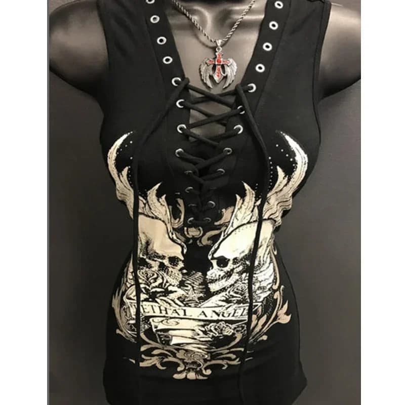 Canotte con teschio nero Canotte da donna moda estiva con scollo a V con lacci T-shirt streetwear sexy per abbigliamento donna