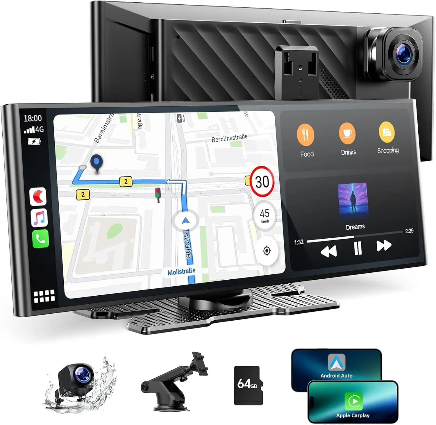 9.26'' Carplay Screen with Dash Cam 4K, Apple Carplay and Android Auto, Retromarcia 1080p Camera, GPS Navigation