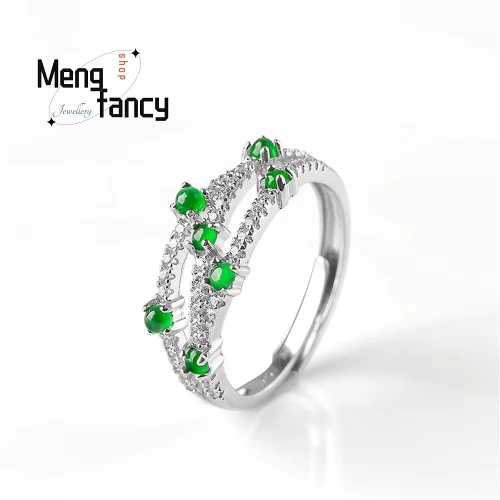 Natural A-goods Jadeite Yang Green Ring Ice Jade S925 Silver Inlay Adjustable Elegant Exquisite Couple Luxury Fashion Jewelry