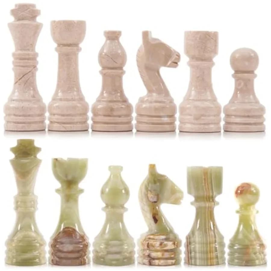 Pezzi degli Scacchi in Marmo, Re di 3,5 Pollici per Giochi da Tavolo, Verona e Onice Verde, Fatti a Mano, Set da Viaggio di 32 Pezzi