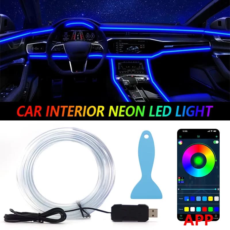 Striscia LED RGB per Auto 1/2/3/4/5M, Controllo APP, Lampada Atmosfera in Fibra Ottica USB, Luci Decorative al Neon per Interni e Console