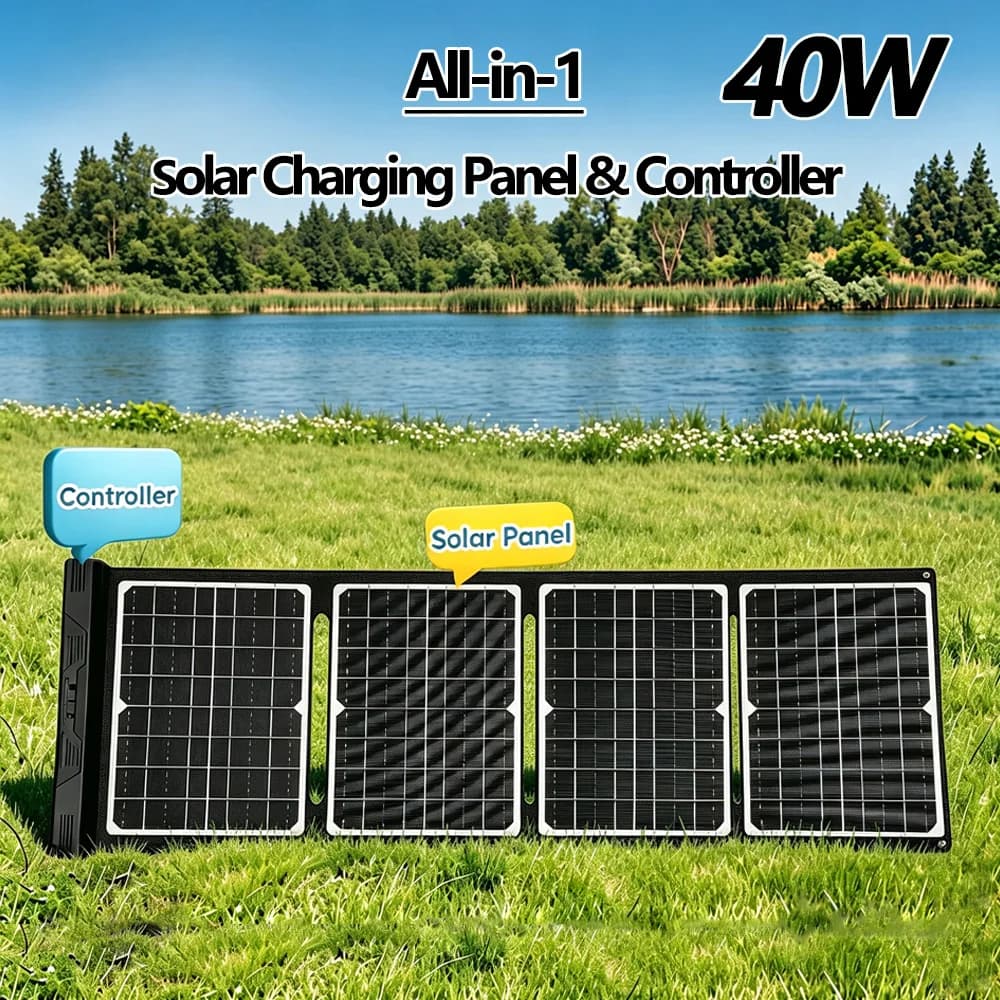 40W 18V Foldable Solar Panel with Controller, 2-in-1Portable High-Efficiency Monocrystalline Solar Charger for Outdoor Camping, RV, Hiking. Compatible with Lithium & Lead-Acid Batteries, Multi-Port for Phones, Drones, Power Stations