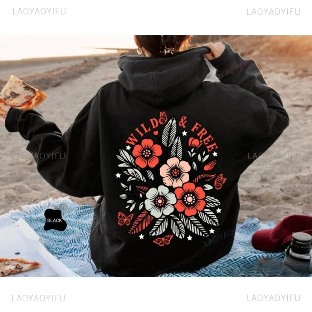 Felpa con Cappuccio Wild and Free 2026, Stile Boho da Donna, Calda per Autunno/Inverno, Unisex per Amanti della Natura, Felpa Floreale