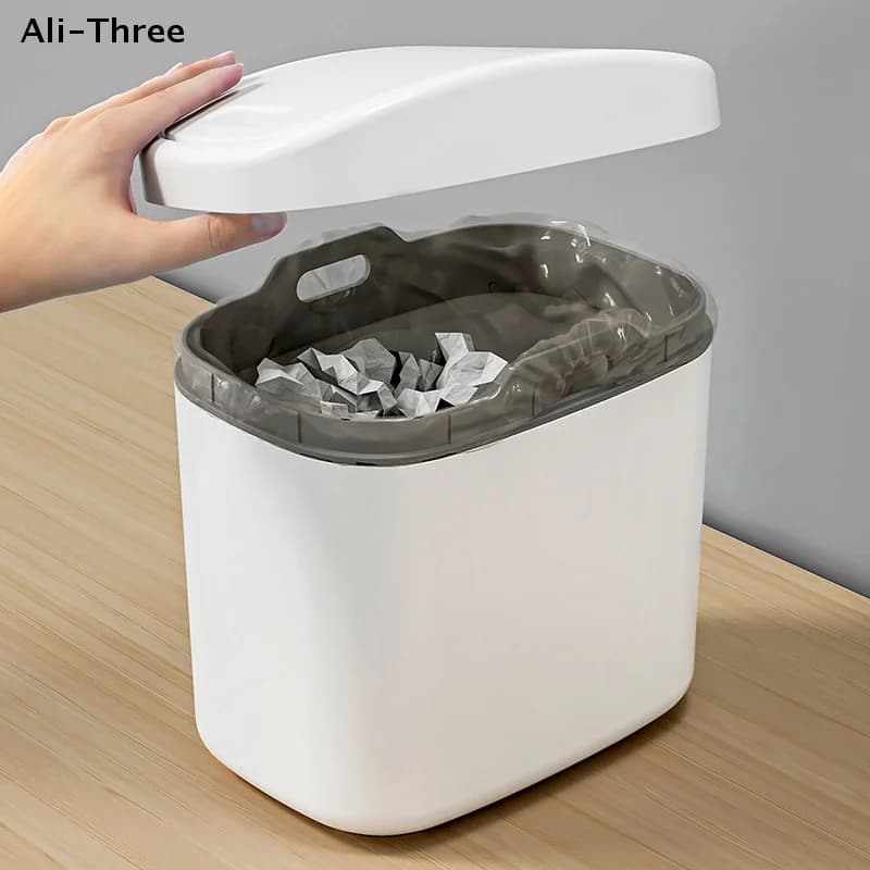 Cestino da scrivania da 1 pezzo, mini pattumiera in plastica con coperchio a scatto per casa e ufficio, contenitore per rifiuti, pulizia domestica
