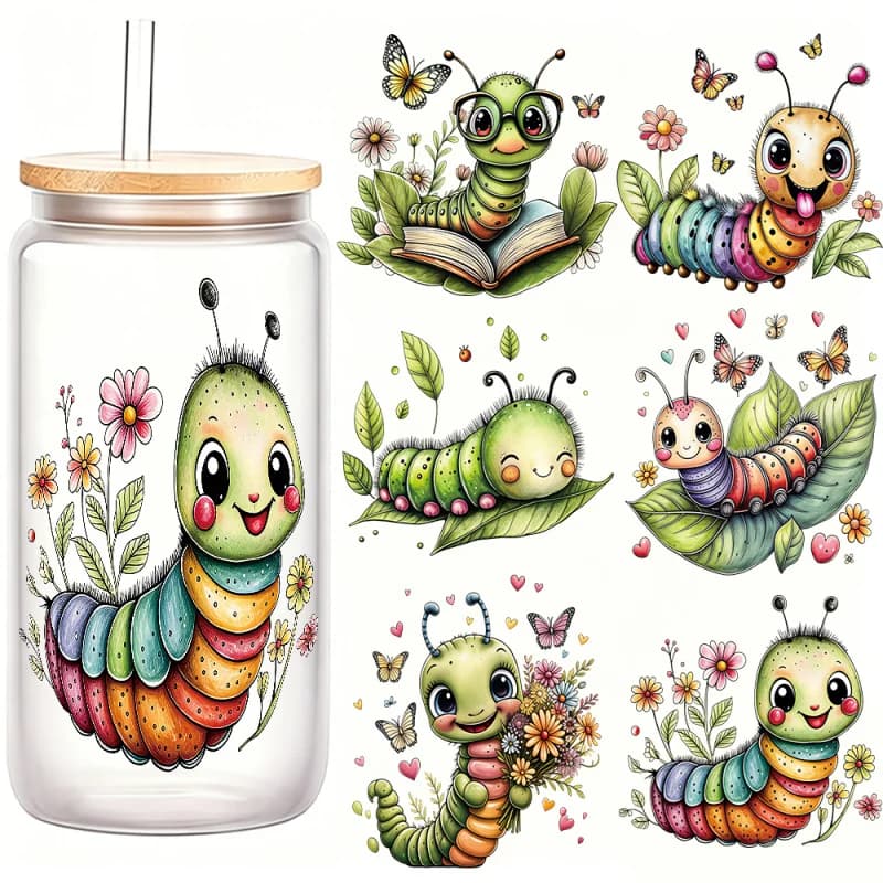 6pcs Cute Rainbow Caterpillar UV DTF Crystal Label Stickers Decals for Crafts, Mugs, Laptops & Water Bottles, Mug Decoration