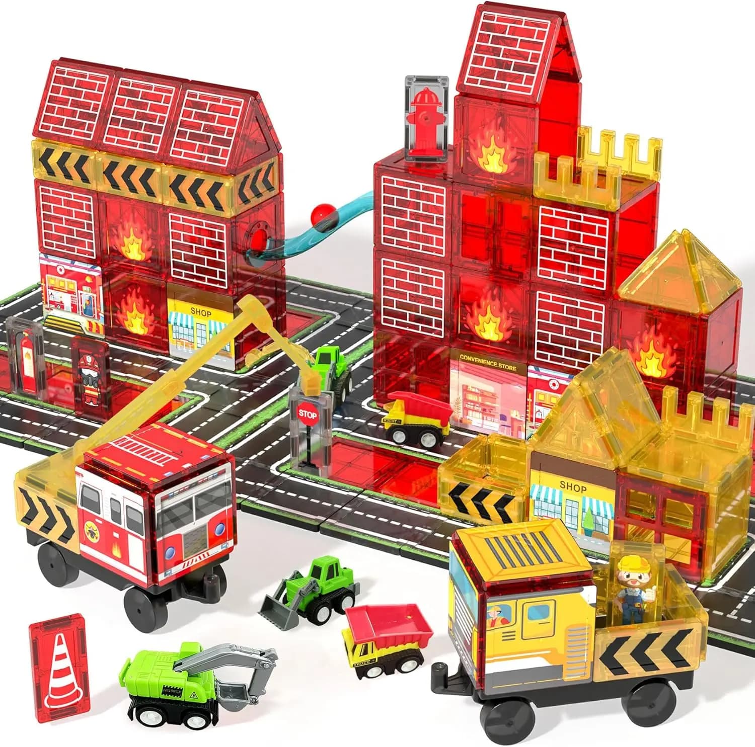 56 Pezzi di Mattoncini Magnetici da Costruzione con Camion dei Pompieri, Stazione, Strada e Gru - Giocattoli STEM per Bambini dai 4 agli 8 Anni
