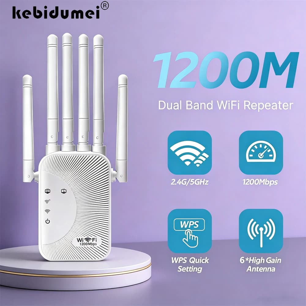 Kebidumei Ripetitore WiFi 1200/300Mbps, Amplificatore Dual Band 2.4G 5G, Estensore di Rete, Amplificatore di Segnale WiFi, Router