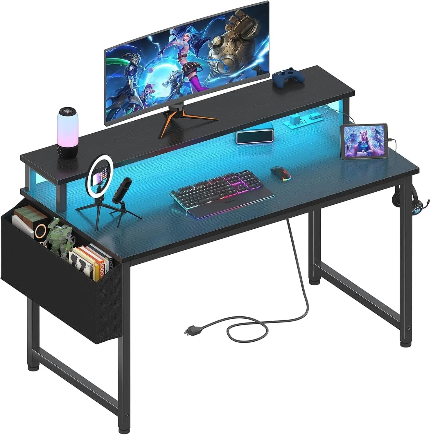 Scrivania da Gaming da 40 Pollici con Luci LED, Prese di Corrente e Porte USB per Ufficio Domestico e Studio