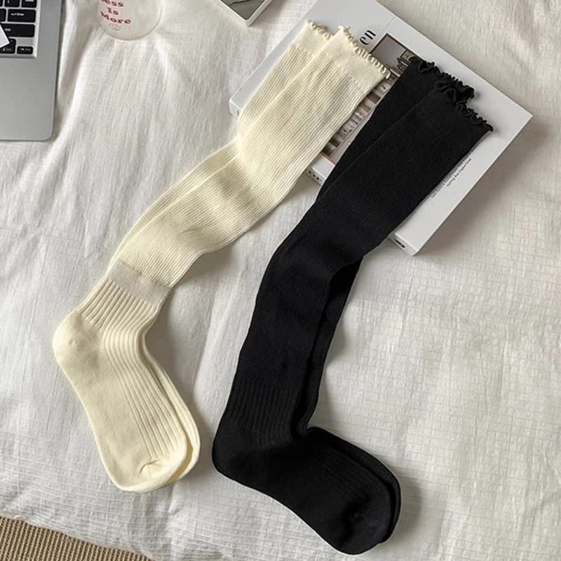 2025 Autumn Winter Wood Ear Edge Long Socks Stockings Solid Color Lolita Soft Breathable Mesh Hollow Loose Stacked Knee Socks