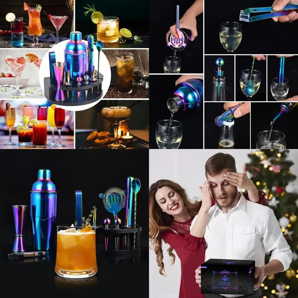 Set da Bar Arcobaleno da 12 Pezzi con Supporto | Shaker per Cocktail da 24 Once con Accessori | Mix di Bevande, Include Libretto di Ricette | Regalo perfetto per la casa nuova
