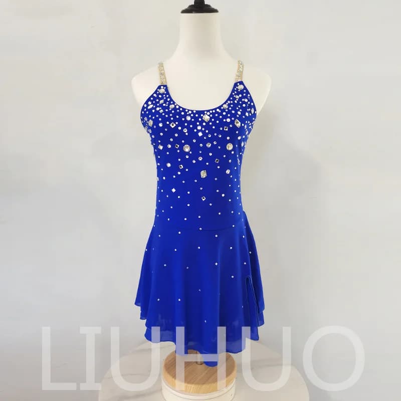 LIUHUO Vestito da Pattinaggio su Ghiaccio Donna Ragazza Spandex Soild Blu Pattinaggio di Figura Roller Ginnastica Pattinaggio Gonna Pancia BD484