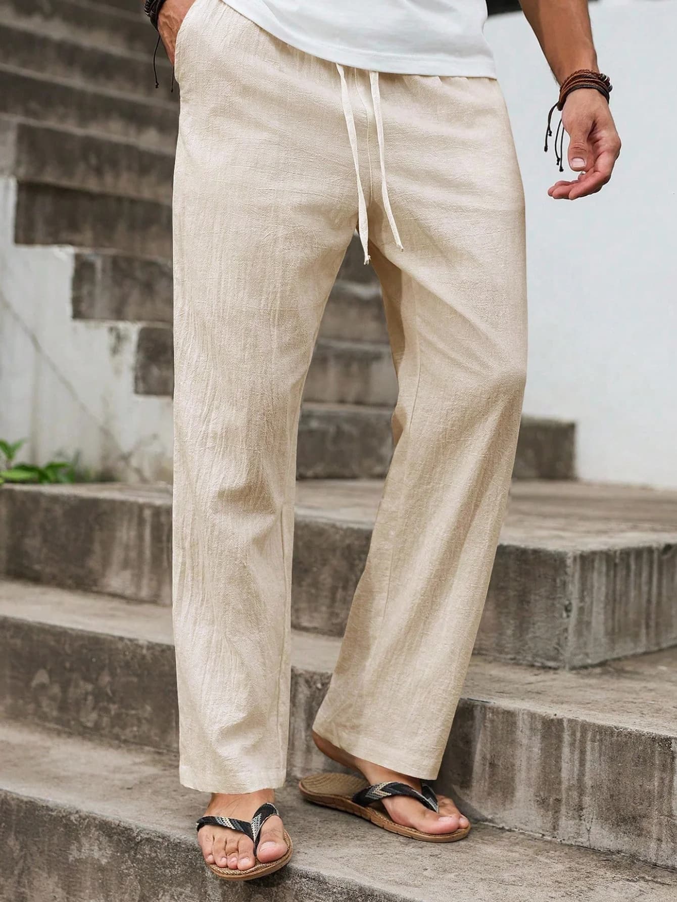 Men's Summer Linen Casual Pants, Beach Vacation Style, Great Drape, Drawstring Waistband, Versatile, Breathable, Loose Fit for C