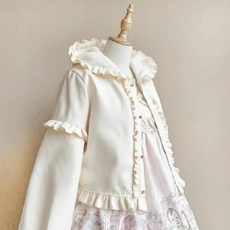 Cardigan con cappuccio da donna Kawaii, stile coreano Sweet Lolita, ampio, a maniche lunghe, Y2K Street, caldo e spesso, in lana con bordo arricciato