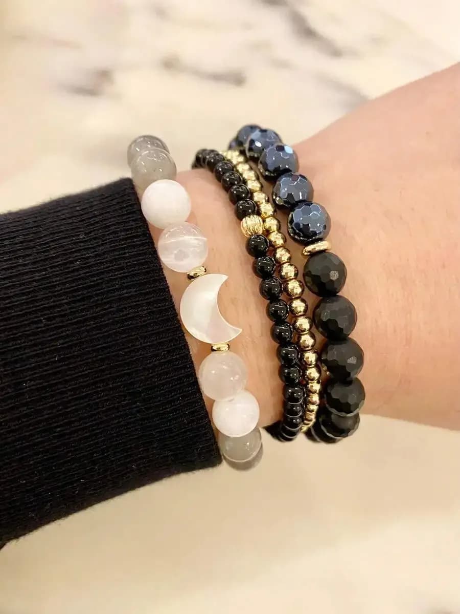 Moon Phase Crystal Beaded Bracelet With Moon Charm Unisex Fashion Jewelry