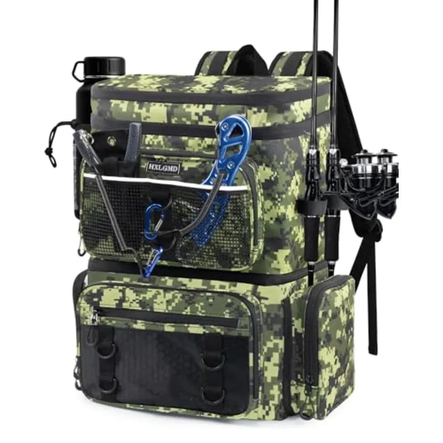 Zaino da Pesca con Portacanne, Doppio Strato, Grande Borsa Impermeabile per Attrezzatura con Scomparto Refrigerante, Verde