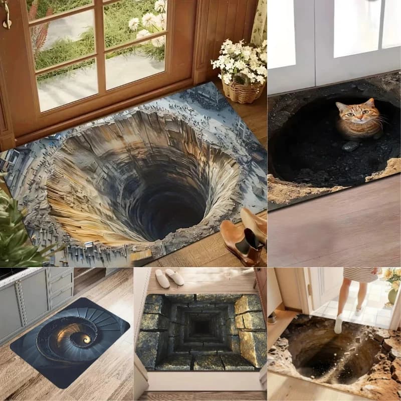 Tappeto 3D con Illusione Ottica, Design in Legno Massiccio e Tunnel in Pietra, per Cucina e Soggiorno