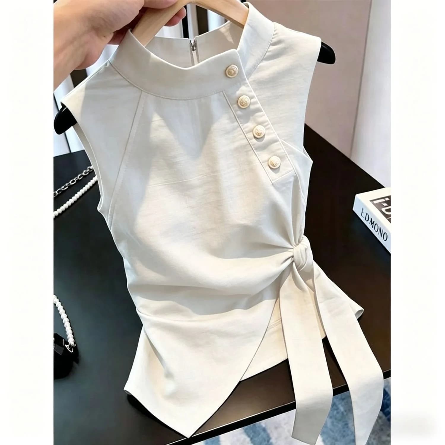 plus Size Asymmetrical Belted Stand Collar Sleeveless Shirt Women's Summer New Style Slimming Versatile Elegance Top