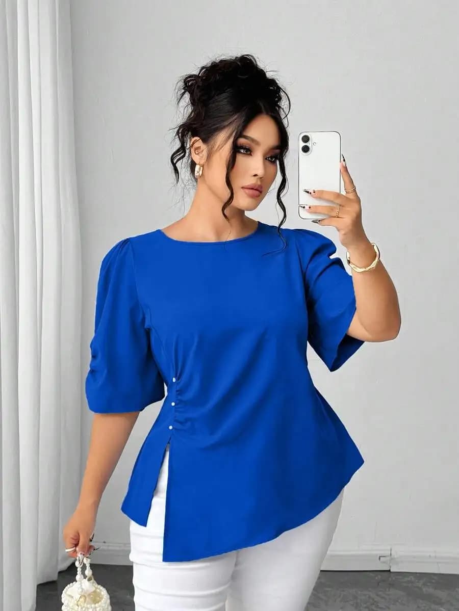 Plus Size Women Blue Puff Sleeve Top With Button Detail Casual Blouse