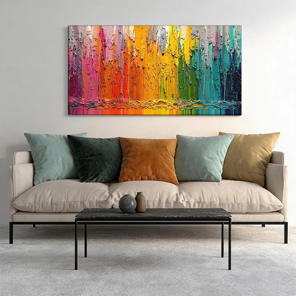 Painted on canvas with large wooden frame, 1 piece, textured acrylic painting.