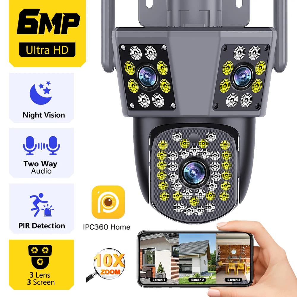 6MP 6K WiFi Outdoor Camera 8X Zoom Three Lens Triple Screen Auto Tracking PTZ Video Security Protection Waterproof Camera