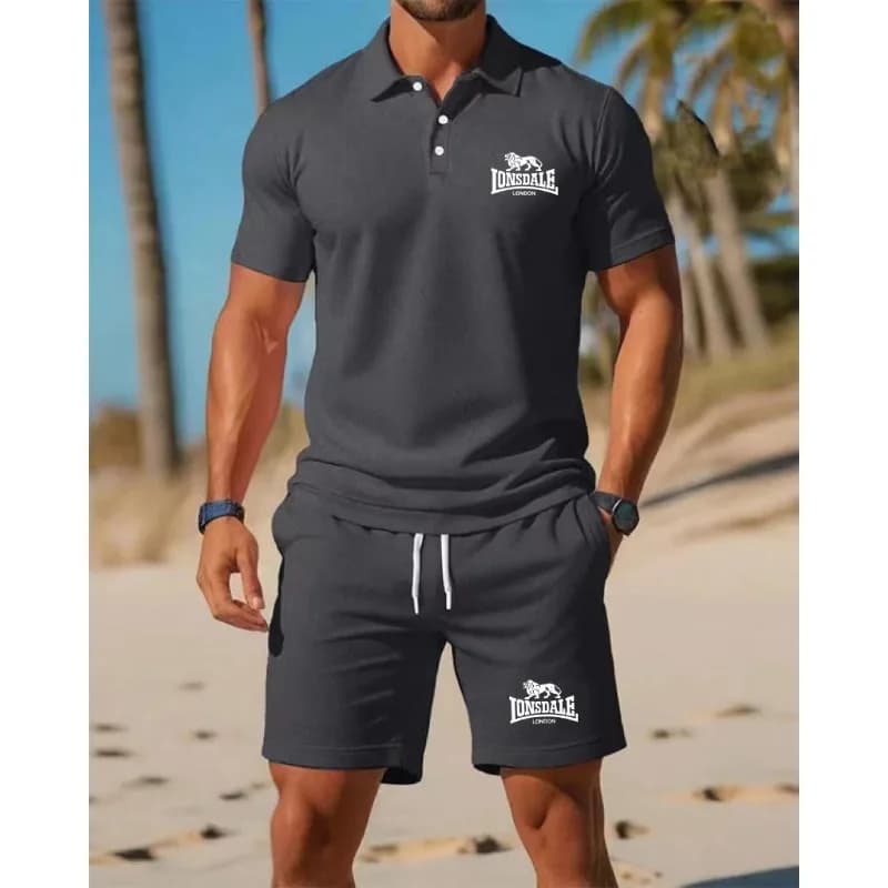 Light luxury style men's summer polo shirt set, featuring simple color matching, and quick-drying fabric, paired with shorts,