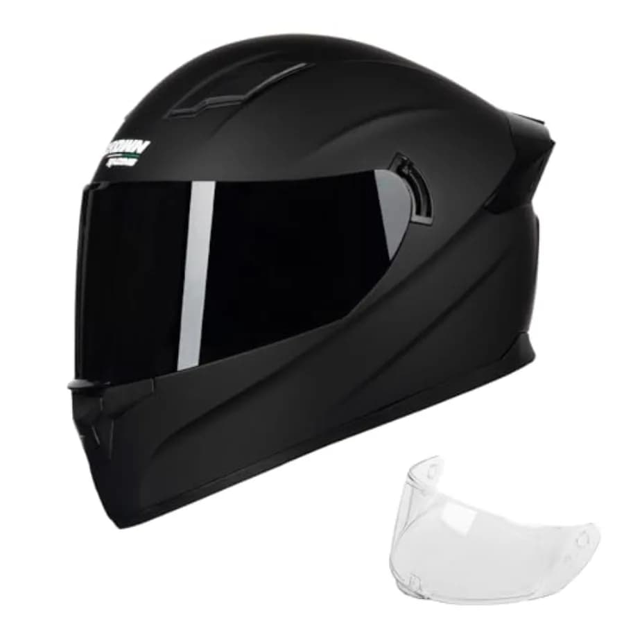 Street bike helmet for adults, polycarbonate shell, matte black, DOT FMVSS 218 certified with tinted shield, clear replacement