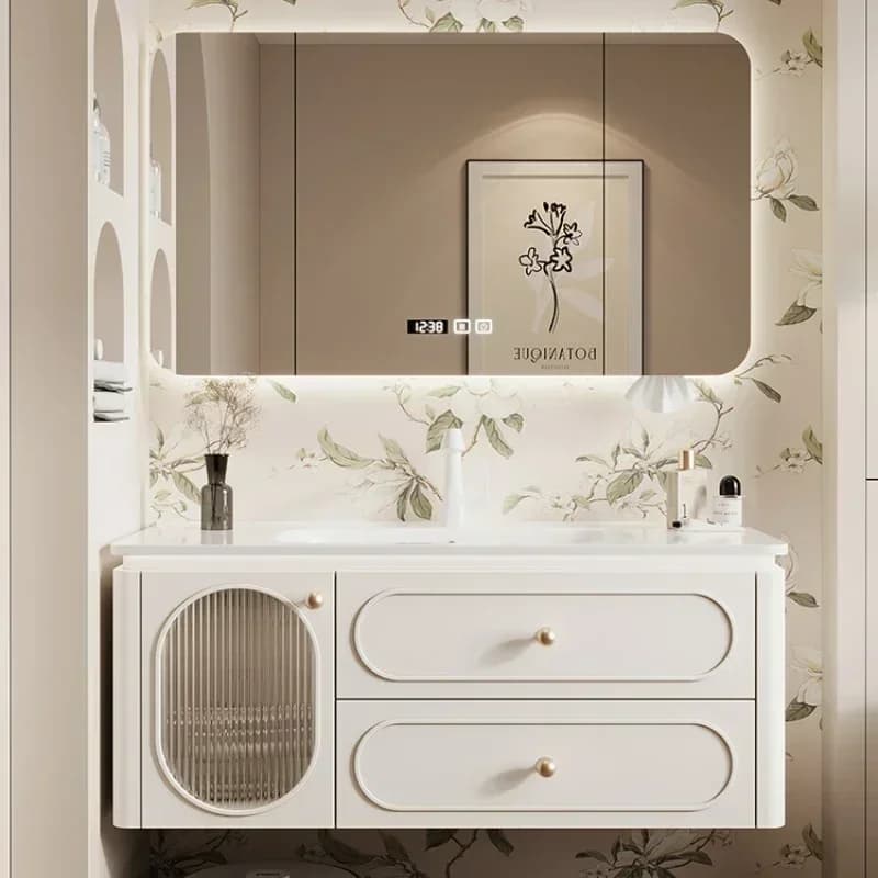 Mobile bagno salvaspazio in legno con lavabo di lusso, armadietto porta asciugamani, specchio e colonna portaoggetti aperta per salone