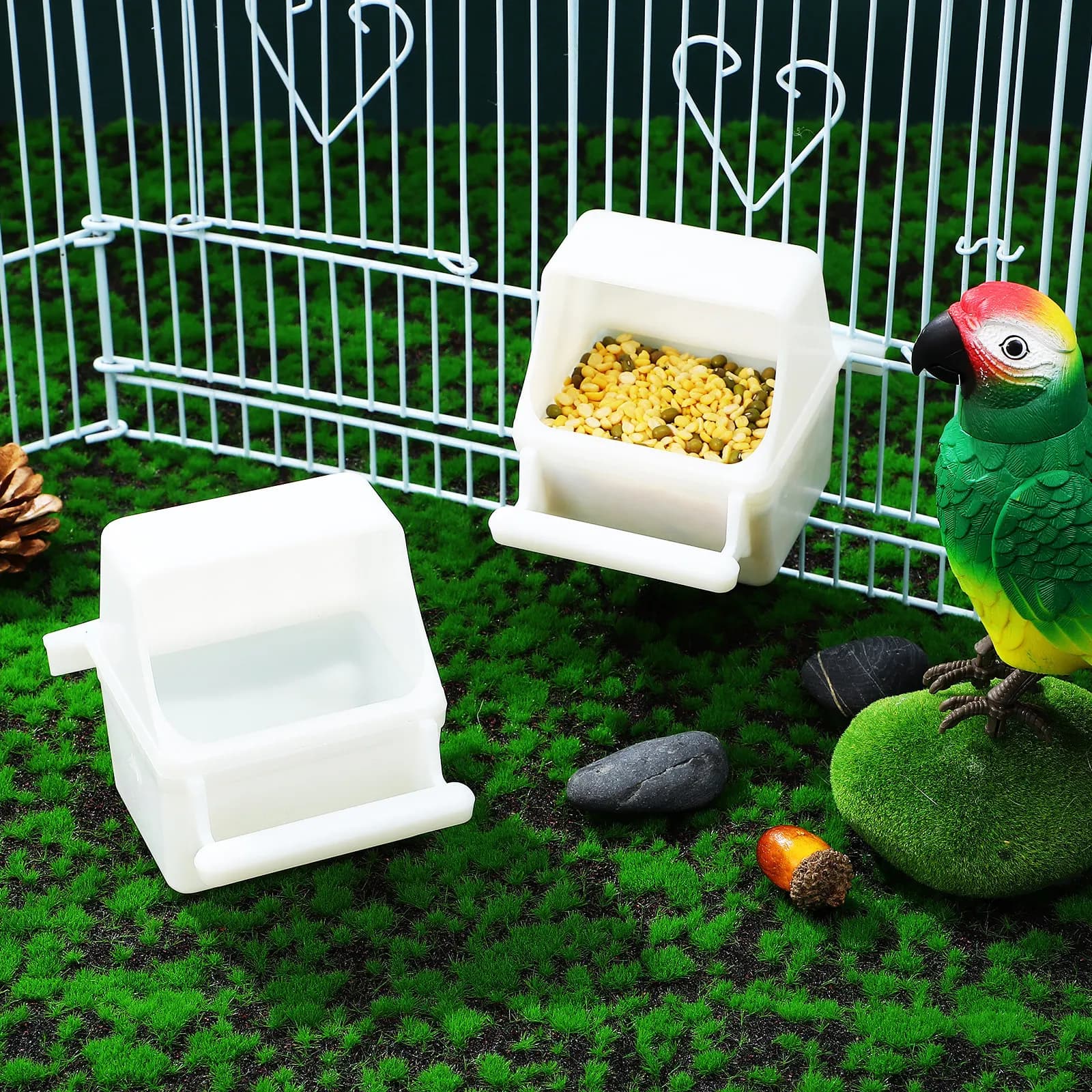 2Pcs Splashing-Proof Plastic Bird Feeder Transparent Parrot Food Container Bite Resistant Sturdy Hanging Birdcage